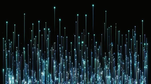 Blue glowing vertical light fibers rising against black background