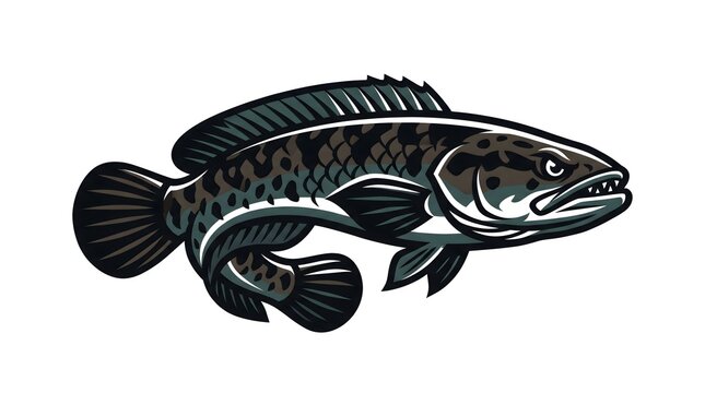 A vector illustration of an aggressive snakehead fish, designed in a bold mascot style with sharp details and dark patterns, isolated on a white background.