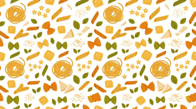 Assorted pasta shapes seamless pattern