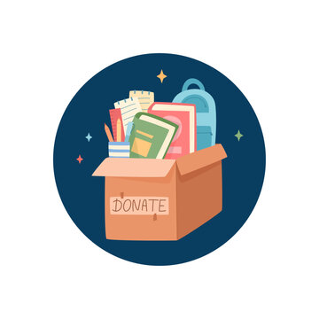 Round school help gift box icon. Cartoon charity container with box lid patch for donate and support. Backpack and book with children supply for child kids, education aid community care