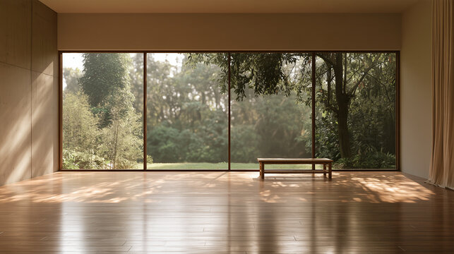 Minimalist zen studio with polished wooden floor and garden view window.