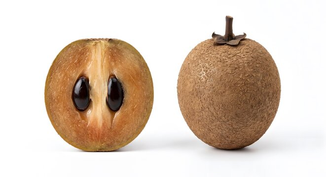 Fresh brown sapodilla fruit whole and half cut isolated on white background, exotic sweet tropical chico fruit set for healthy diet