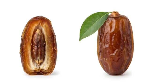 Dried sweet dates fruit whole and cut isolated on white background, organic ripe palm date set for ramadan and healthy snack concept