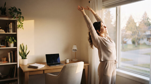 Woman stretching in home office at sunrise work from home fresh morning start routine