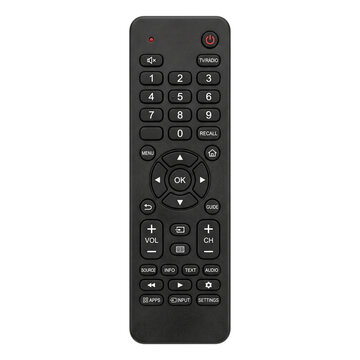 Modern black television remote control with numerous buttons for channel selection volume adjustment and menu navigation PNG Isolated on transparent background