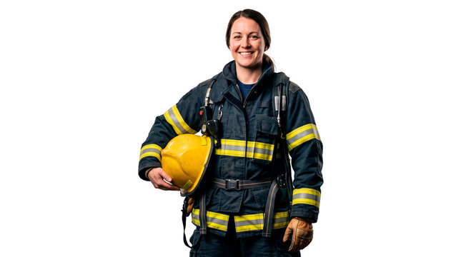 Smiling female firefighter in uniform holding helmet ready for duty PNG Isolated on transparent background