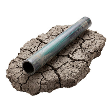 A dark plastic pipe rests on a cracked dry earth surface representing drought and environmental issues PNG Isolated on transparent background