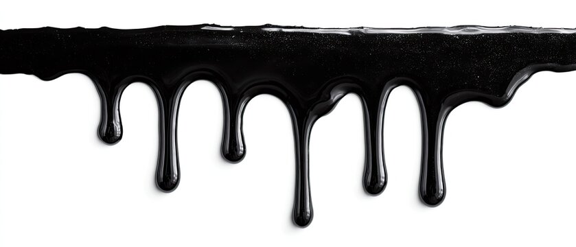 Viscous black liquid, dripping and shiny against a white backdrop creating contrast