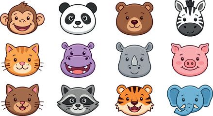 Obraz premium Cute Cartoon Animal Avatar Icon Set Featuring Friendly Zoo, Safari, and Domestic Animals for Kid Designs, Stickers, Avatars, and Children Education Projects