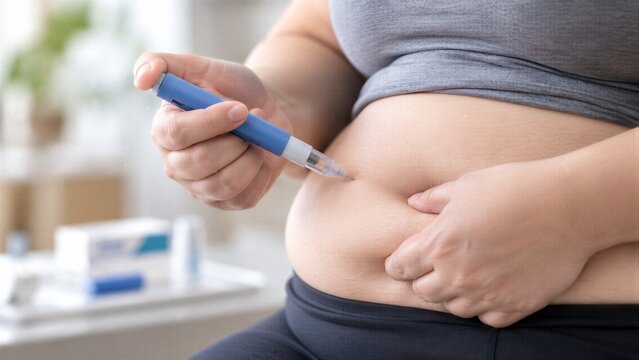 Overweight woman self-injecting GLP-1 agonist medicine with a pen injector into her abdomen, representing modern subcutaneous treatment for weight loss, diabetes, and obesity