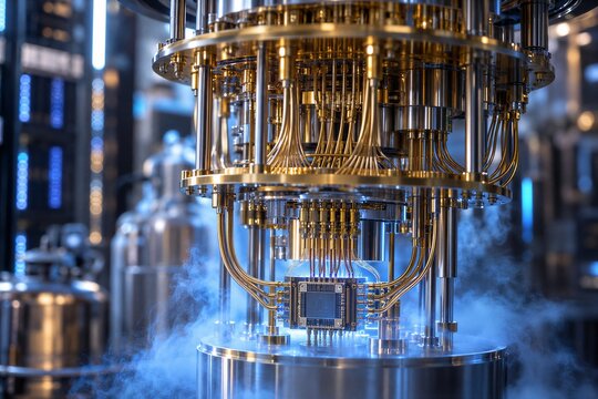 Advanced Quantum Computer Cryostat System featuring Glowing Blue Mist and Intricate Gold Cables, showcasing cutting-edge cryogenic and superconducting technology for future