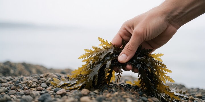 Woman holding fresh brown seaweed on a stony beach representing marine foraging and coastal exploration