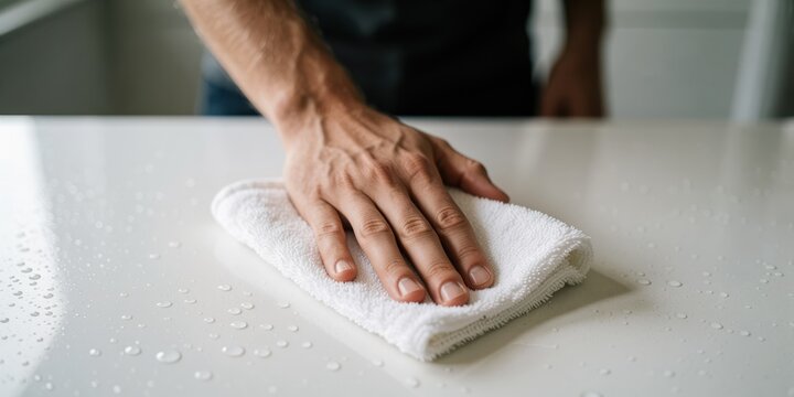 Adult man wiping and cleaning kitchen white countertop with wet cloth, household chores and disinfection concept