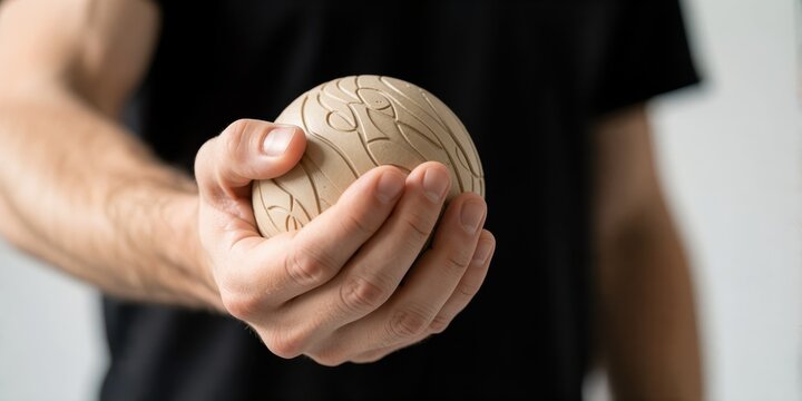 Close up of a young caucasian man holding a carved wooden sphere puzzle toy in his hand