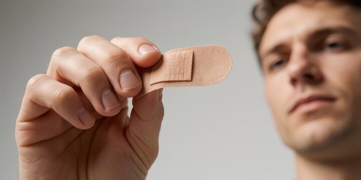Young adult man holding adhesive bandage in hand close up for first aid medical concept