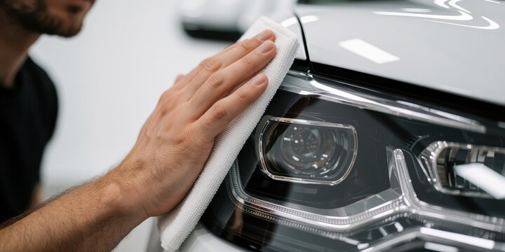 Professional detailing service cleaning and polishing a modern white luxury car headlight with a microfiber cloth in an auto shop