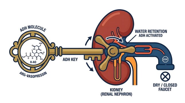 Conceptual medical illustration showing antidiuretic hormone ADH mechanism of action in kidney water retention.