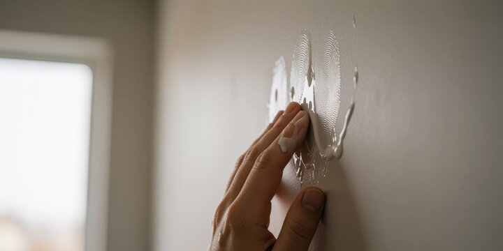 A close up view of a human hand touching and smearing white paste or caulk on a neutral wall during interior renovation and repair work