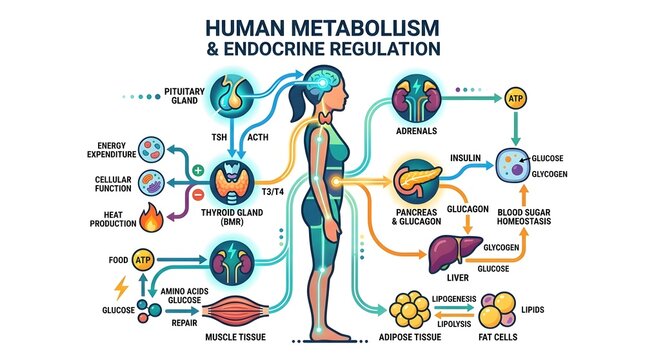 Medical infographic diagram illustrating human metabolism pathways endocrine gland functions and hormonal regulation systems.