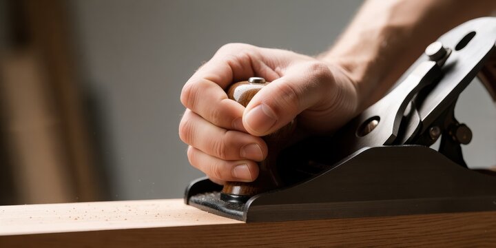 Close-up of a Caucasian man using a hand plane to shape a wooden plank in a carpentry workshop for woodworking projects