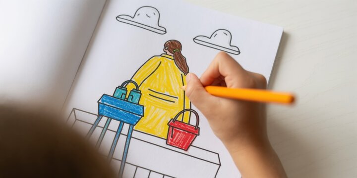 Child coloring a drawing book with colored pencils at home, creative activity for early childhood education and development