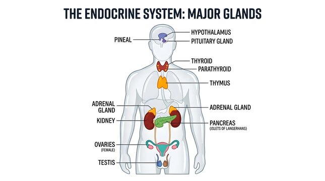 Medical infographic illustration showing the major glands of the human endocrine system with labels.
