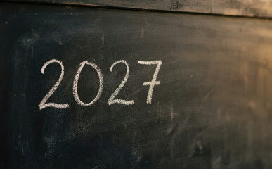 Fototapeta premium Chalkboard writing showing the year 2027 concept representing future planning schedule and upcoming events timeline