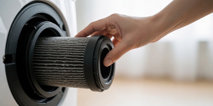 Person replacing a dirty cylindrical air filter in a modern ventilation appliance or clothes dryer at home