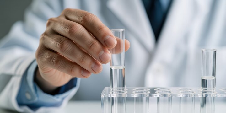 Male scientist in white lab coat holding a clear liquid test tube in a laboratory setting representing medical research and scientific analysis