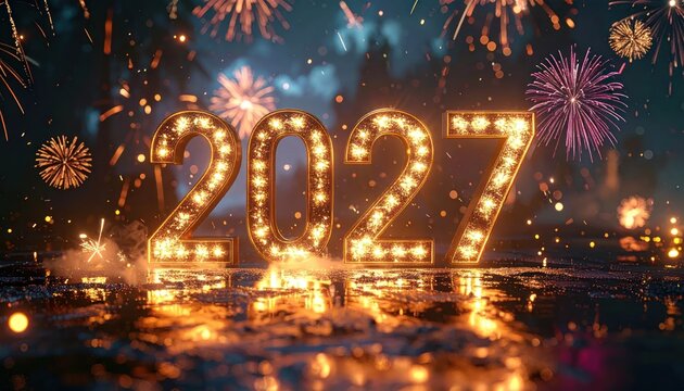Marquee light year 2027 with fireworks background.