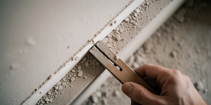 Close-up of a worker hand using a pry bar to remove baseboard molding during interior renovation and remodeling work