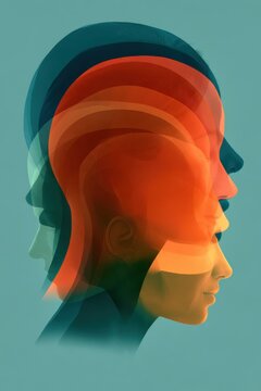 Multi-layered profile of a head, transparent colors, depicting different stages of mental health recovery