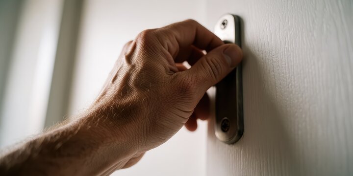 Close up of an adult Caucasian male hand interacting with a sliding door latch mechanism in a modern interior setting