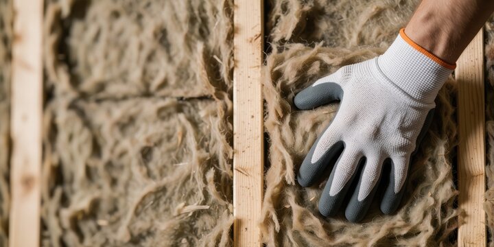 Worker installing glass wool thermal insulation in wooden frame wall with protective work gloves, professional renovation concept