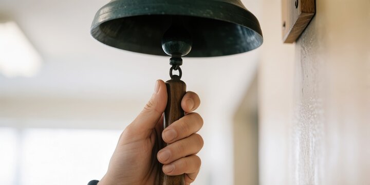Person ringing a vintage metal school bell hanging on a wall, representing tradition, discipline, and education concepts