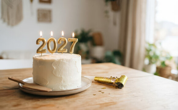 White frosted celebration cake with 2027 gold number candles on a wooden table for New Year party and future milestone concepts