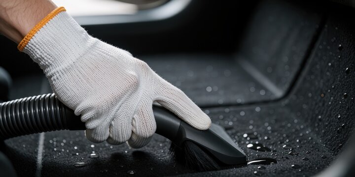 Detailer cleaning car interior carpet with wet vacuum cleaner professional automotive detailing
