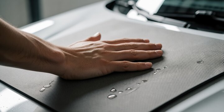 Close up of male hand touching water repellent protective film installed on white car hood surface car wrapping concept