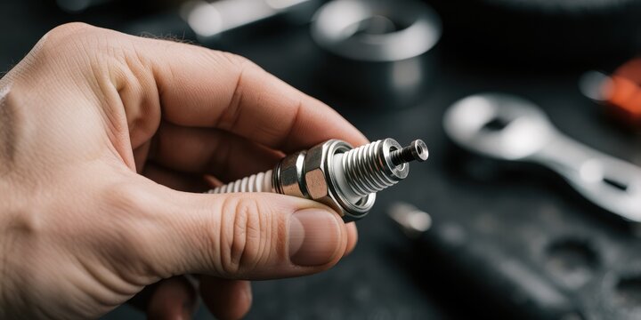 Mechanic holding a new spark plug in an auto repair shop representing car maintenance and engine tuning concepts