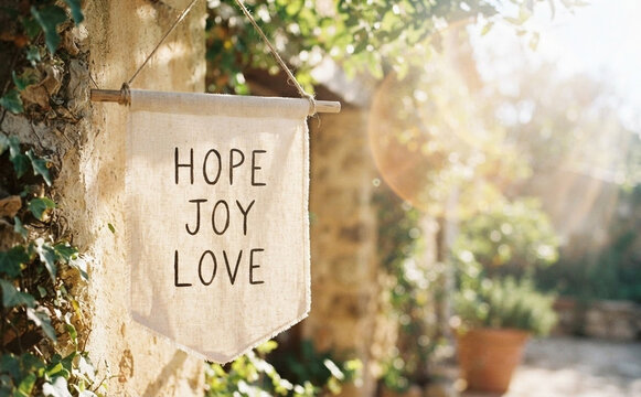 Hanging canvas banner with words hope joy love on stone wall in sunny garden representing positive mindset and inspiration for home decor and lifestyle