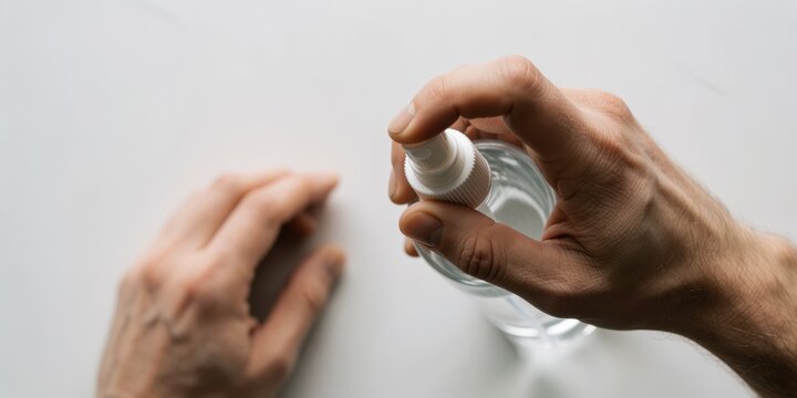 Close-up of a young adult man hands applying antibacterial hand sanitizer spray to protect against germs and viruses on a white background