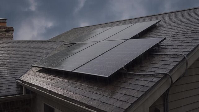 Rooftop solar panels in the rain
