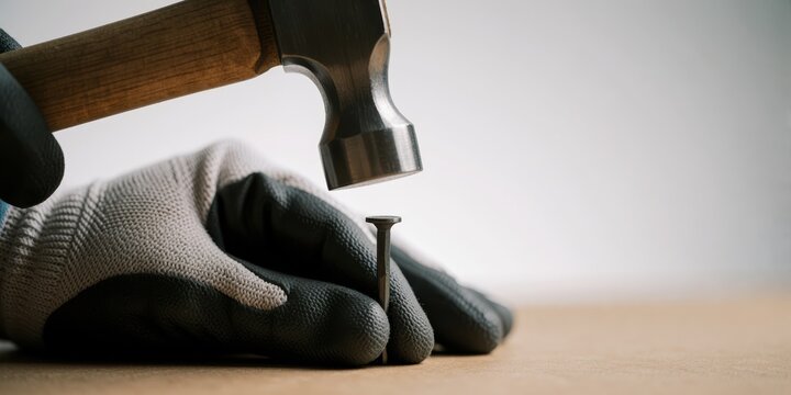 A person wearing work gloves holding a metal nail with a hammer about to hit it representing construction and DIY projects