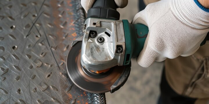 Worker using an angle grinder to cut a metal sheet with diamond pattern in a workshop for industrial fabrication