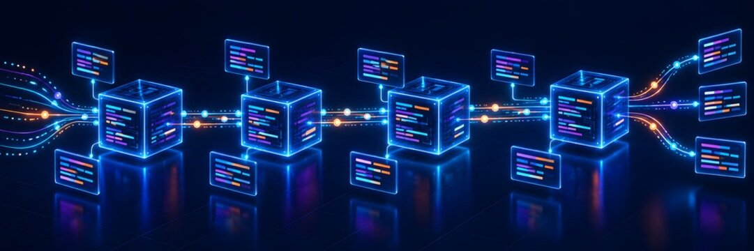 Glowing digital blockchain cubes connected through light trails with floating code panels representing decentralized programming and secure software development