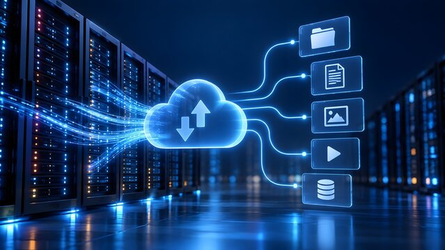 Glowing cloud computing icon connecting to multimedia file panels in a modern server room representing digital data storage and secure information network migration