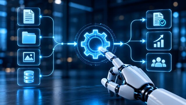 Futuristic robotic hand activating digital automation workflow processing business data and documents into verified corporate growth and team productivity
