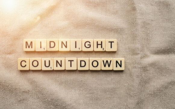 Midnight Countdown words spelled with game tiles on textured fabric background representing time and new year eve celebration concept