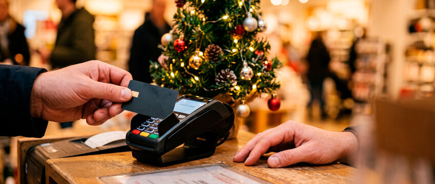 Customer pays by card at a festive checkout. A terminal, receipt, wooden counter, and decorated Christmas tree appear in a store. Christmas shopping and holiday retail concept.