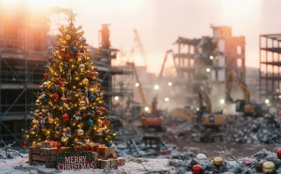 Decorated Christmas tree standing amidst a desolate construction site and rubble in winter representing unexpected contrast